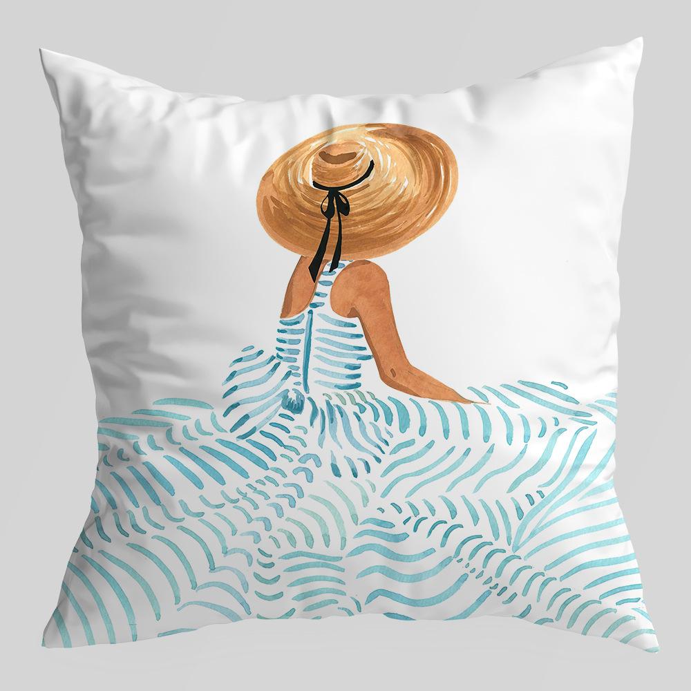 New Romantic Summer Women Portrait Abstract Pillow Cushion Cover Tropical Green Plants Sunny Beach Print Sofa Seat Throw Pillows