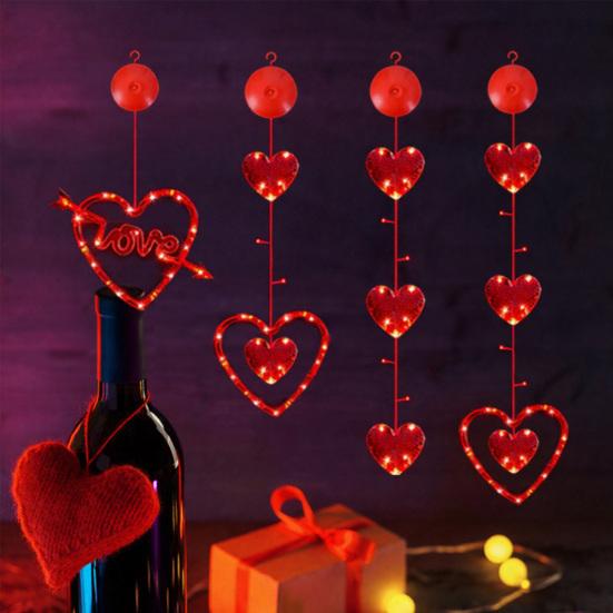 3Pcs Heart Curtain Lights with Suction Cups Portable Love Lamp Valentine's Day Window Lights with Remote Control Festive Romantic Lighting for