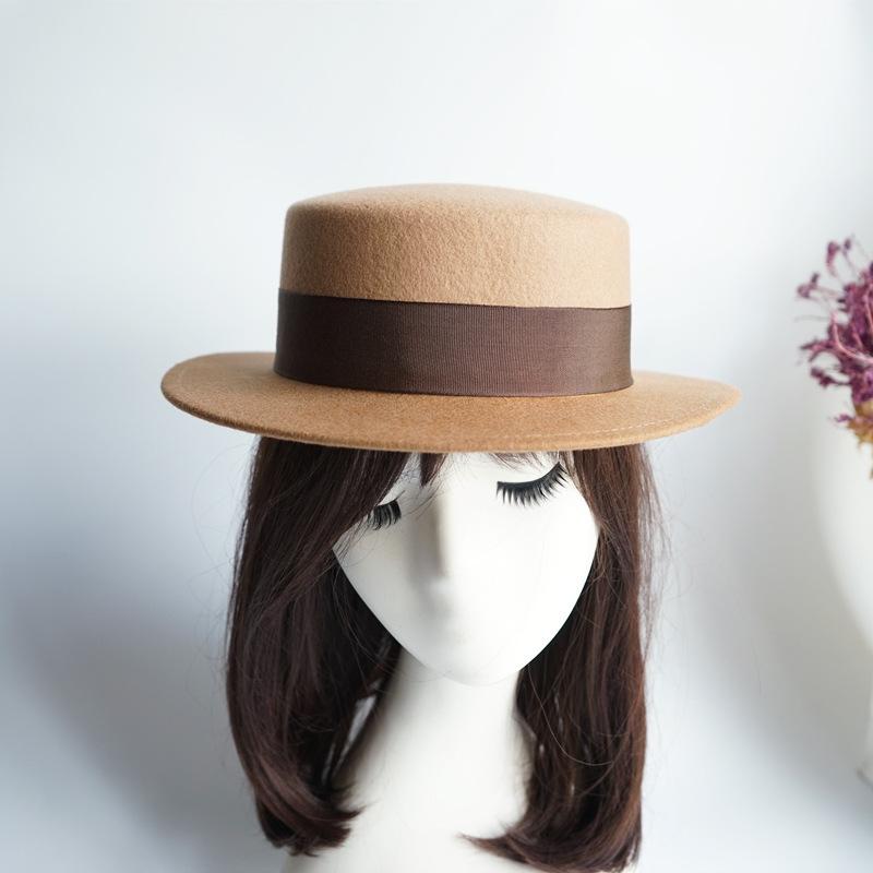 Französische Eleganz Gradueller Wechsel Kamelfarb-Kombination Retro Britische Wolle Wollfilz Flache Kappe Zylinder Hut Damen Herbst Und Winter Filz Breiter Rand Japanisch