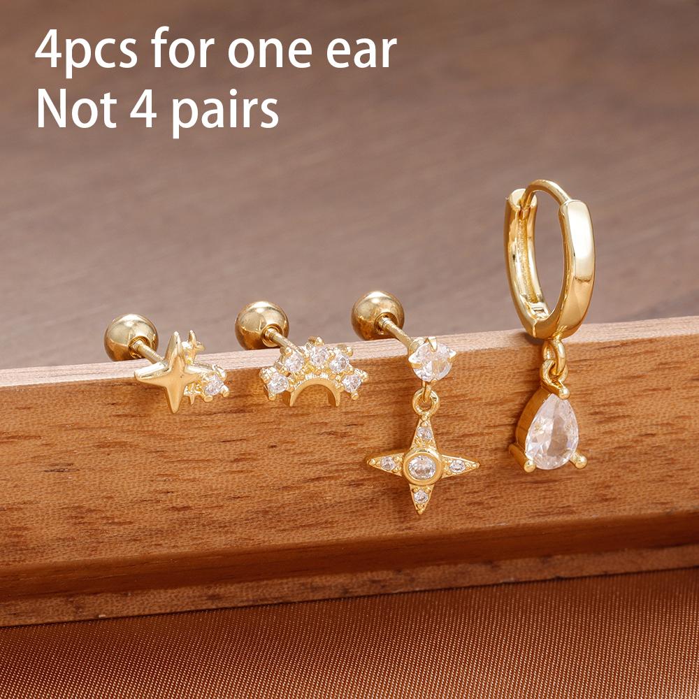 4PCS Luxury Star Moon Stainless Steel Zircon Stud Earrings Set For Women Simple Flower Earring Classic Huggie Daily Jewelry