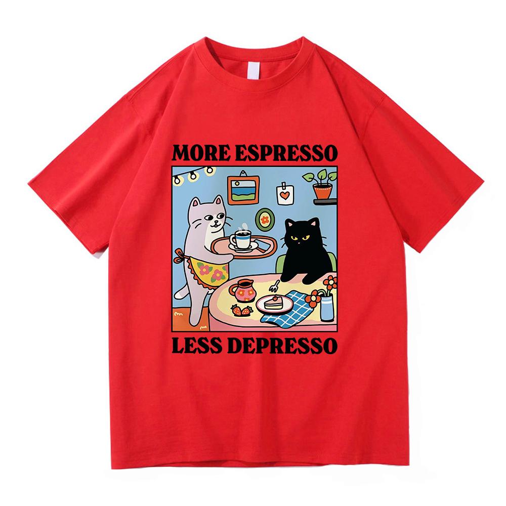 Morsom Katt Mer Espresso Mindre Deprimert T-skjorte Menn Kvinner Estetisk Vintage T-skjorte Anime Tegneserie Søt Bomulls T-skjorter