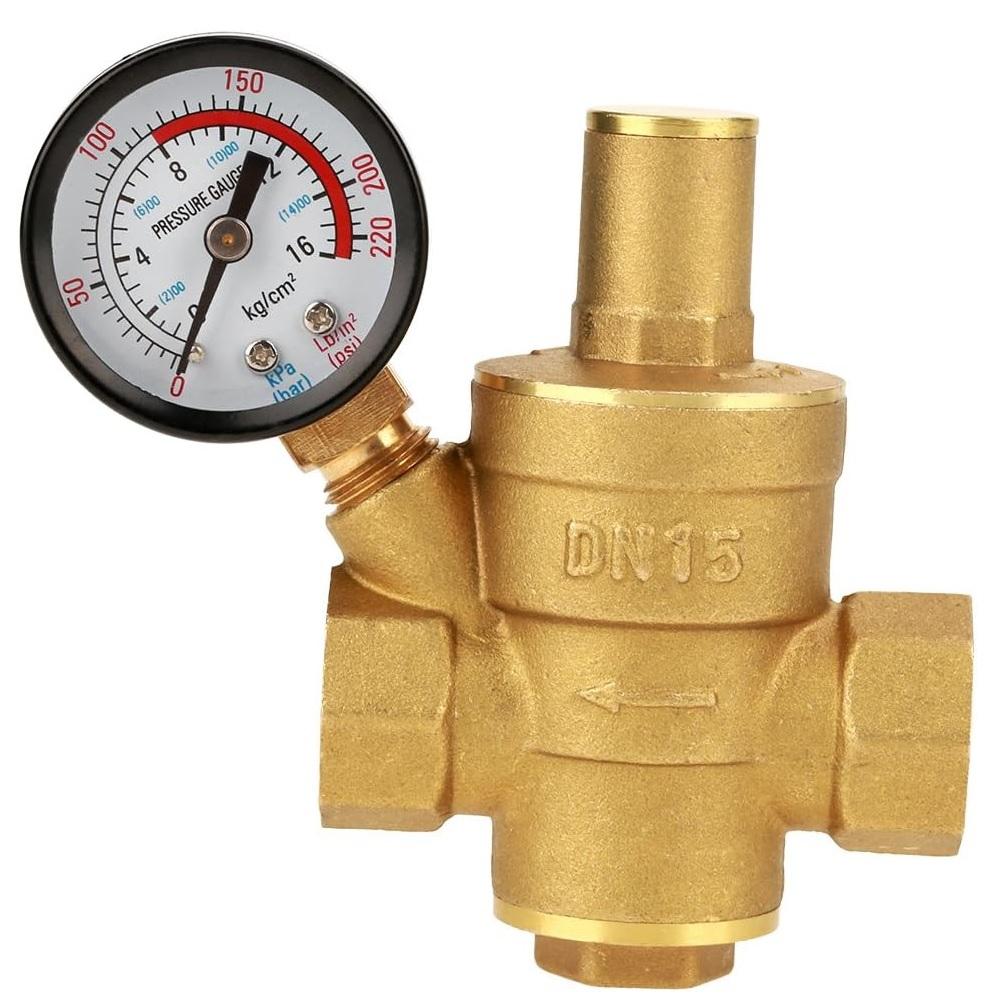 DN15 Water Pressure Regulator NPT 1/2 Inch Adjustable Brass Reducer With Gauge Meter