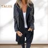 Women Spring Fall Coat Denim Jacket Overcoat Patchwork Double-breasted with Flap Pockets Colorblock Mid Length Lady Overcoat