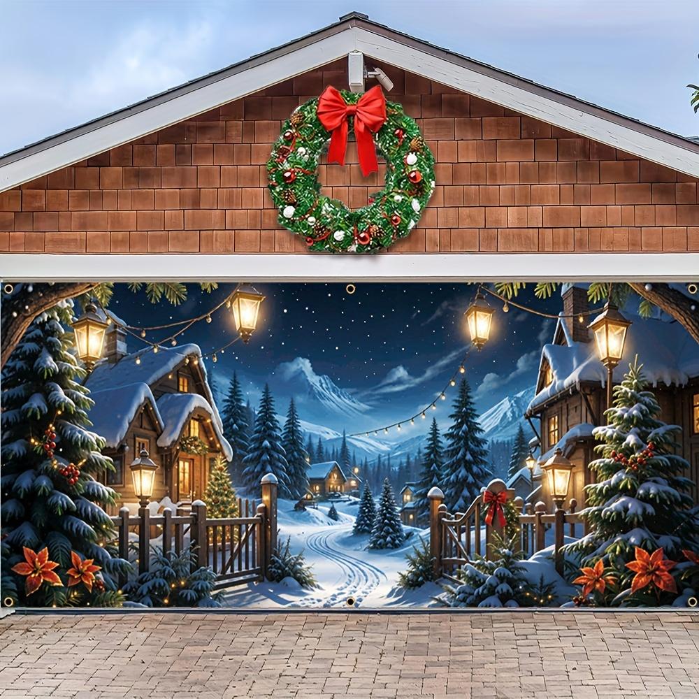 Christmas garage banner, polyester durable, Christmas tree, wooden house, string light pattern, winter celebration party