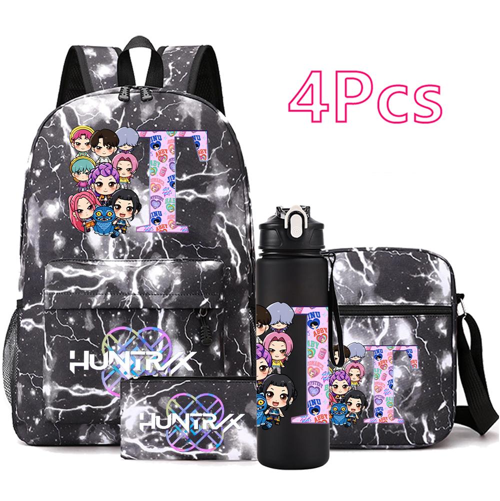 4 Stück/Set 26 Englische Buchstaben KPop Aufdruck Rucksack mit 750 ml Wasserflasche für Teenager Schüler Mädchen Junge Schultasche Kindergeschenk Große Kapazität Reisetasche