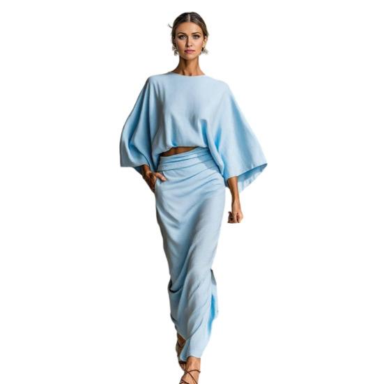 Summer 2 Piece Skirt Sets for Women Batwing Long Sleeve Top And High Waist Ruched Maxi Skirt Matching Set Summer Vacation