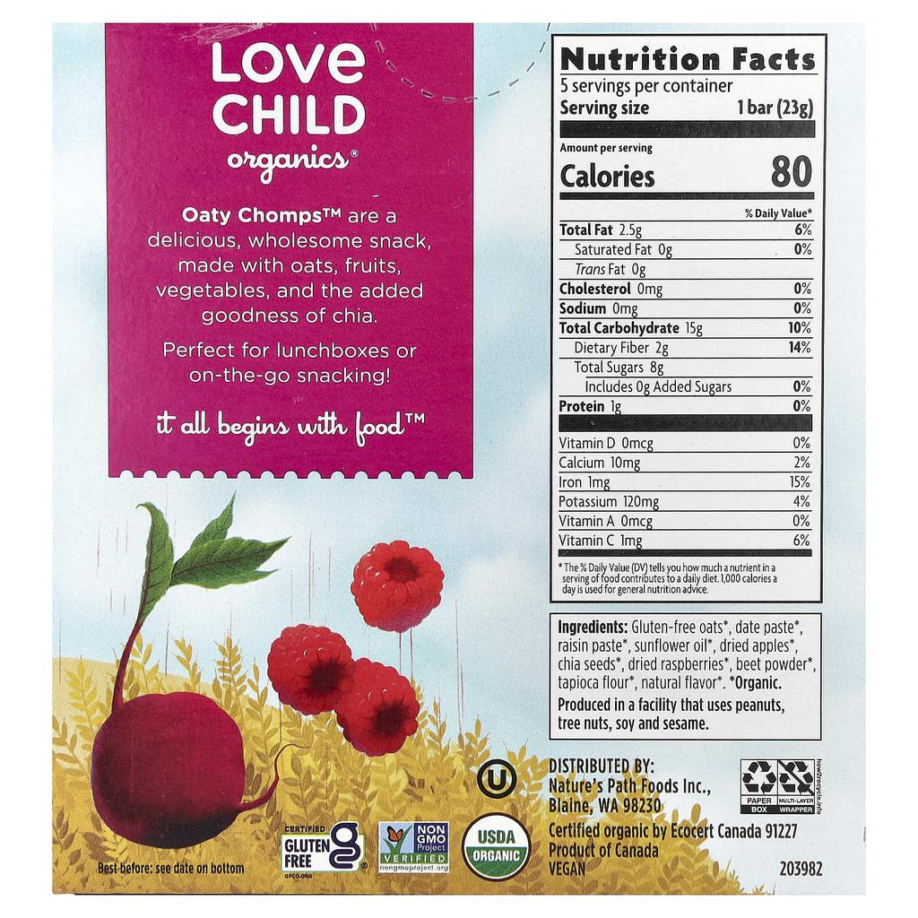 Love Child Organics, Nature's Path, Oaty Chomps™ Bio-Riegel, 12+ Monate, Himbeere + Rote Bete, 5 einzeln verpackte Riegel, 0,8 oz (23 g) Jeder