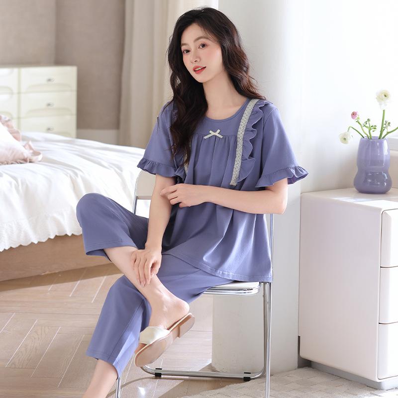 Pure Cotton Pajamas Women's Summer Short-sleeved Eight-point Pants Thin Summer Women's 1011 New High-end Summer Loungewear