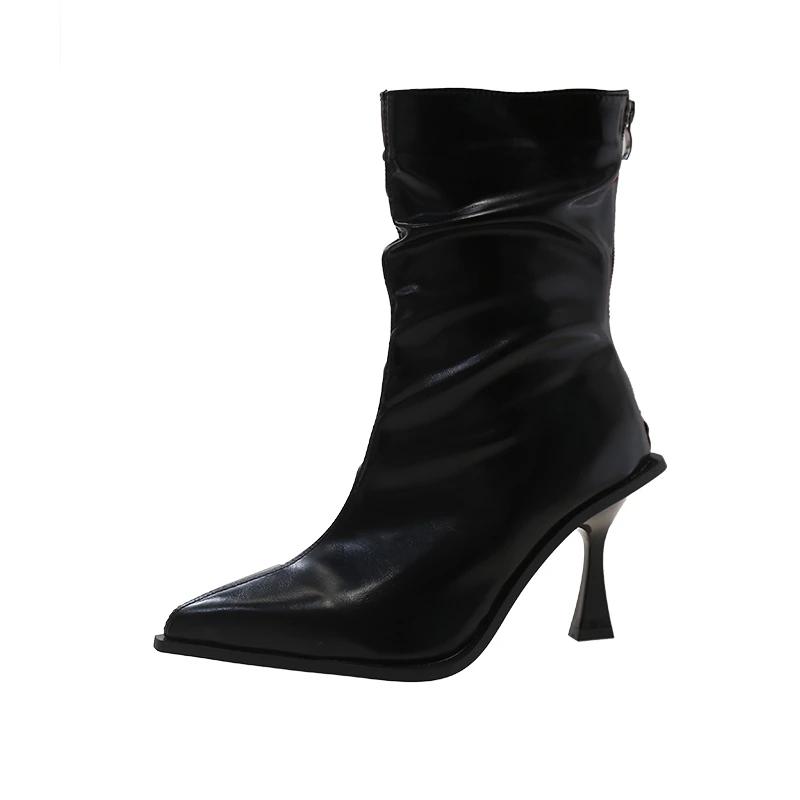 Hoge Hak Enkellaarsjes Dames Herfst Winter Nieuwe Puntige Bruine Laarzen Rits Leer Mode Sexy Luxe Merk Geplooide Designer Laarzen