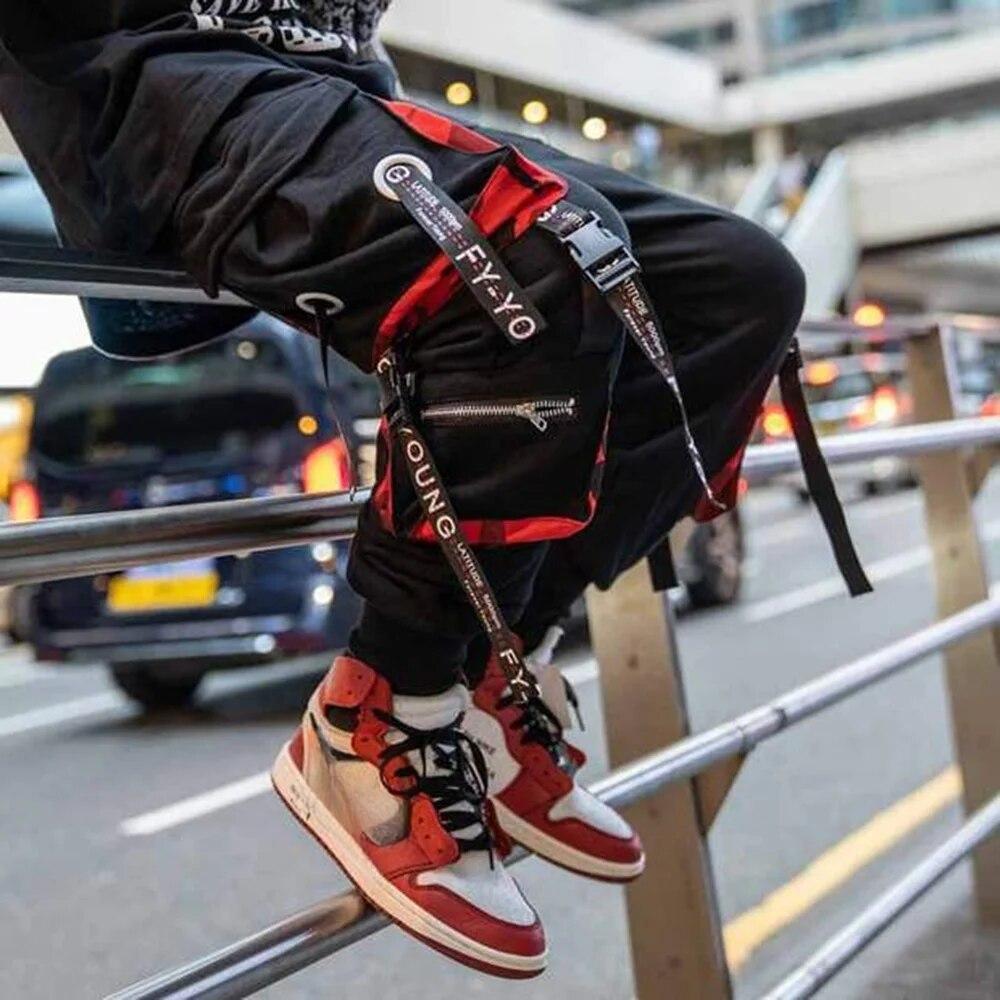 Jogger Cargohose für Herren, lässig, Hip Hop, Hit-Farbe, Tasche, Herrenhose, Jogginghose, Streetwear, Bänder, Techwear-Hose