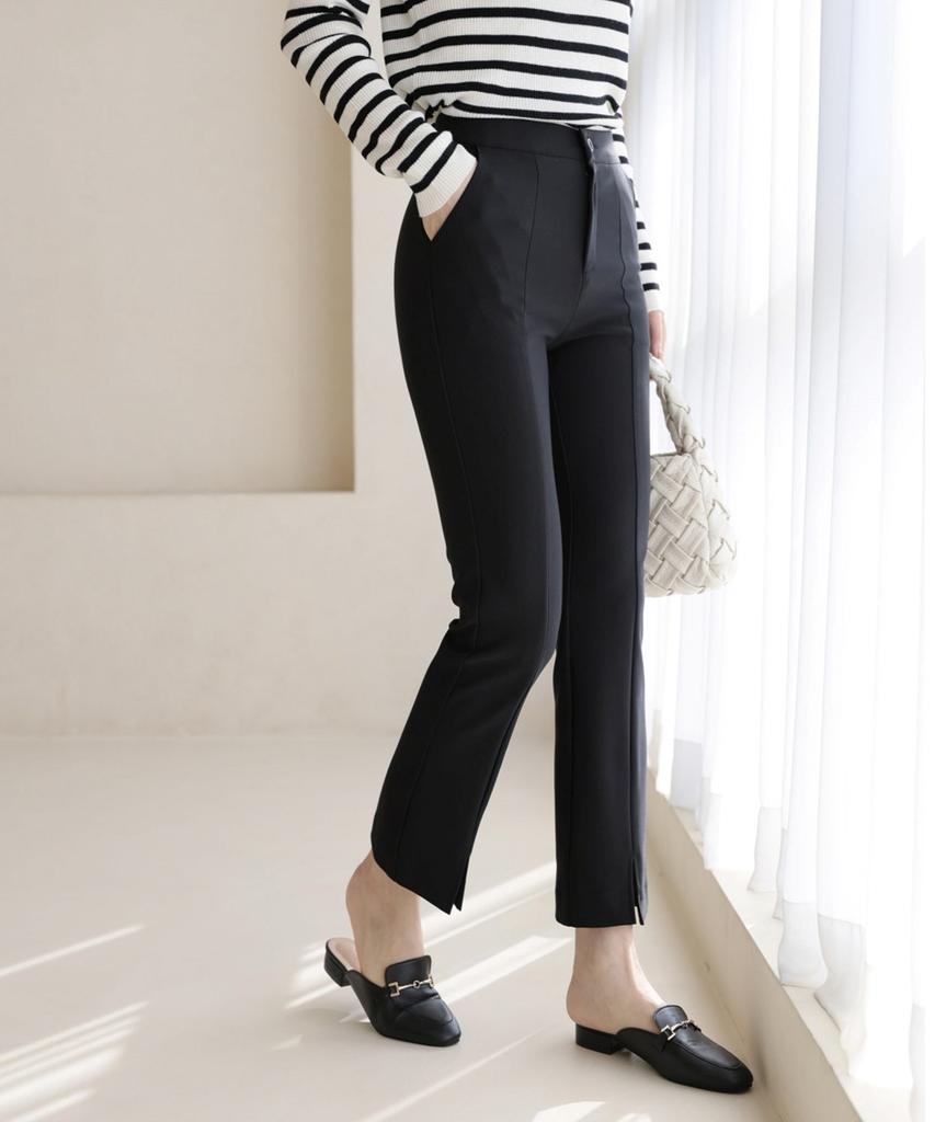 Ppaeppae Hidden Elastic Waist Spandex Slit Black Slacks