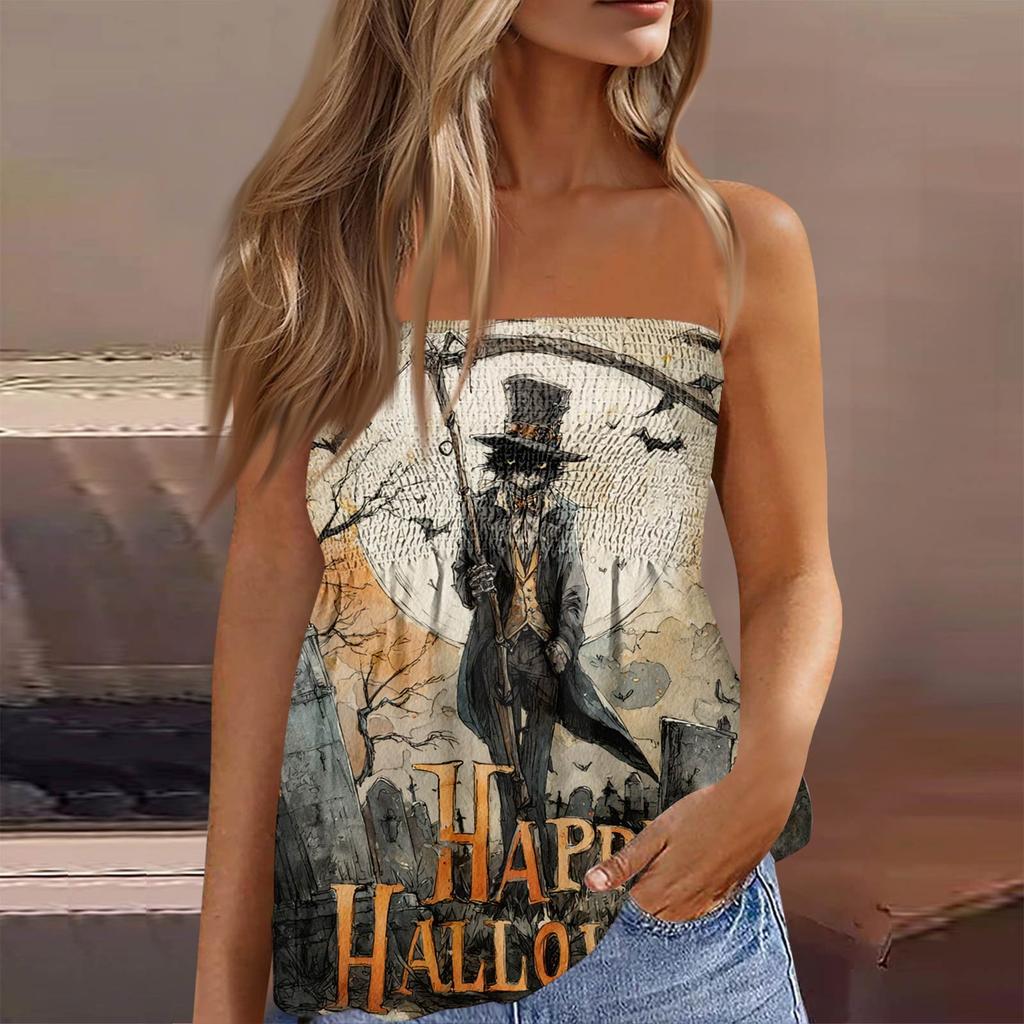 Summer Tube Tops For Women,Cute Sexy Off Shoulder Print Sleeveless T-Shirt
