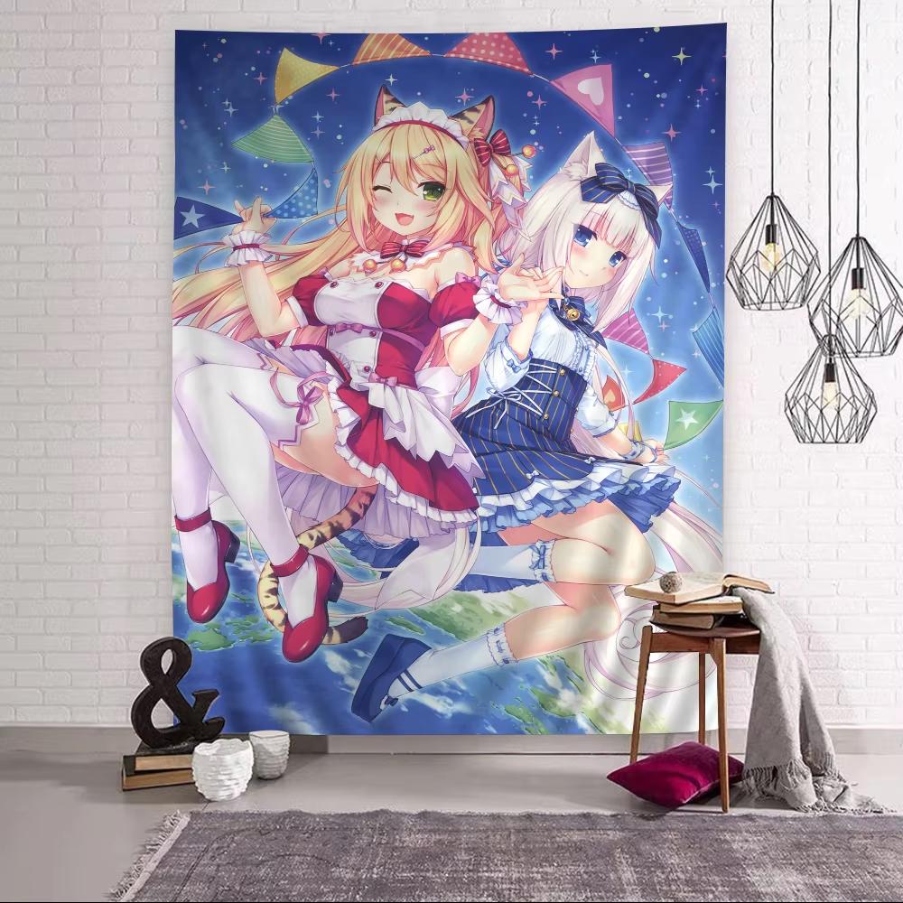 Cat Ear Maid Anime Tapestry Cute Chibi Style Wall Decor for Bedroom Game Room Study Modern Otaku Flat Print