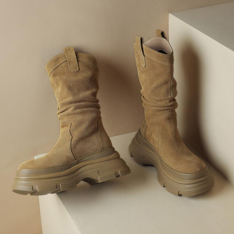 Płaskie Platforma Damskie Botki do połowy łydki Markowe Buty Trend 2025 Plisowany Zamsz Moda Wysokie Buty Zimowe Codzienne Do chodzenia Mujer Botas