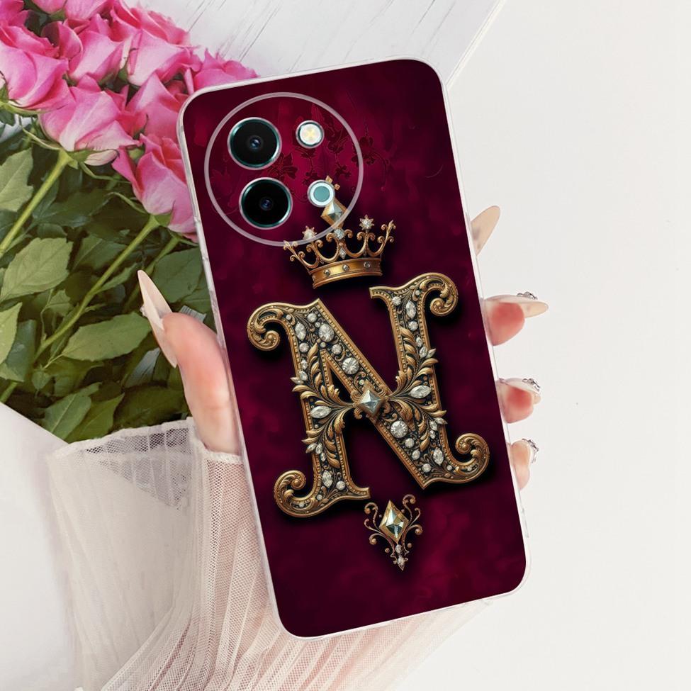 For Vivo Y38 5G Case Cover Transparent Luxury Crown A-Z Letters 2D Flat Pattern Soft Phone Casing For VivoY38 5G Bumper