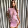 Sexy Club O Neck Short Dress Short Sleeve Pullover Solid Pink Women Dresses Jacquard Summer Cloths Vestidos