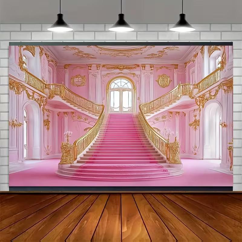 2D Whimsical Pink Mansion Backdrop with Golden Accents and Stairs for TV Shows, Poster and Room Decor