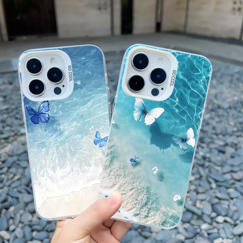 Blauwe Vlinder Oceaan Golven Telefoonhoesje Voor iPhone 14 13 12 11 Pro Max 16 15 Pro Max 13 Mini 16 15 14 Plus Schokbestendige Laser Hoesjes