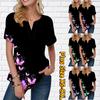 Damen-Sommer-T-Shirt mit fliegendem Schmetterlingsdruck, kurzärmeliges T-Shirt, lässige Oberteile, kleiner V-Ausschnitt, kurze Ärmel