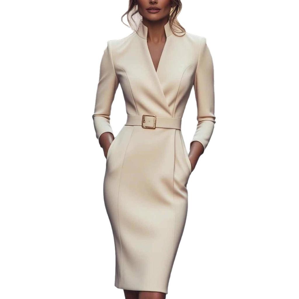 White V-Neck Belted Midi Dress with Pockets