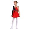Girls Long Sleeve Skating Dress Round Neck Contrast Color Rhinestone Hollow Back Dance Costume