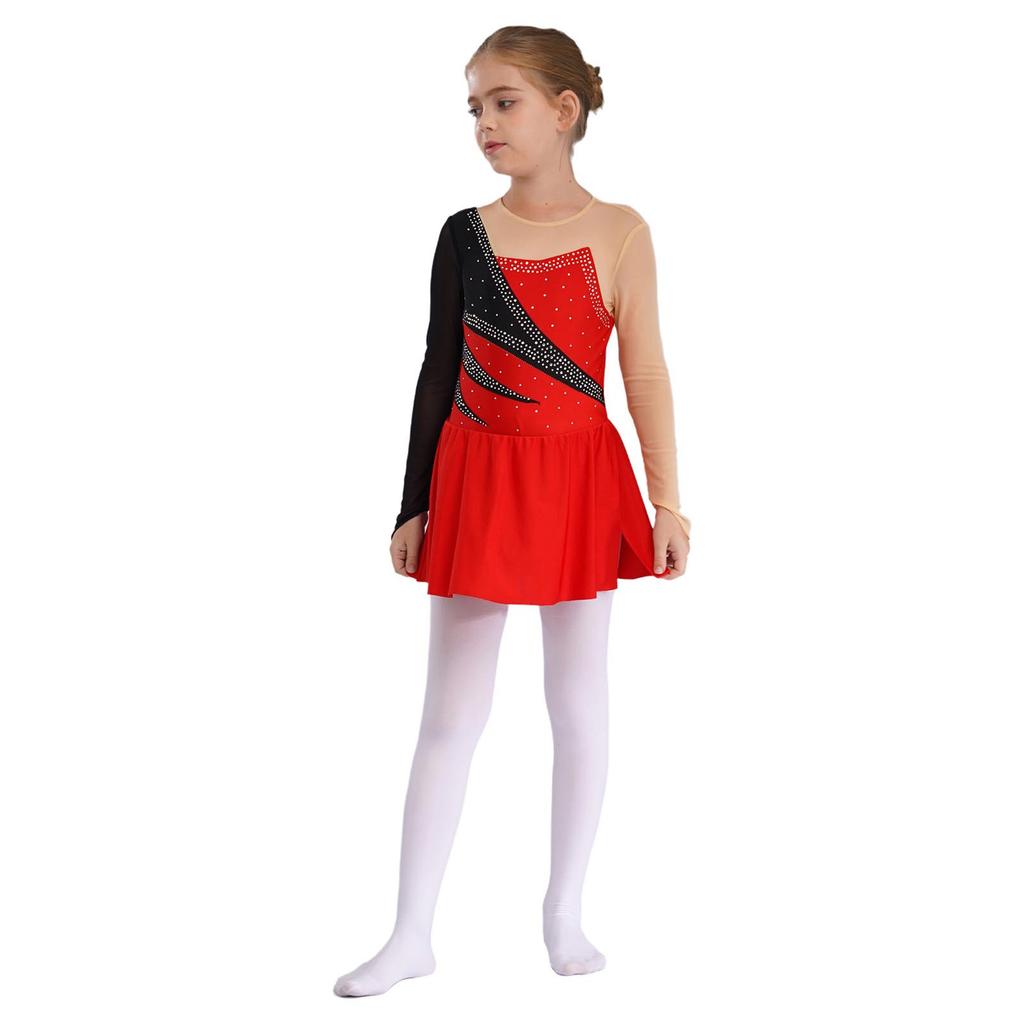 Girls Long Sleeve Skating Dress Round Neck Contrast Color Rhinestone Hollow Back Dance Costume
