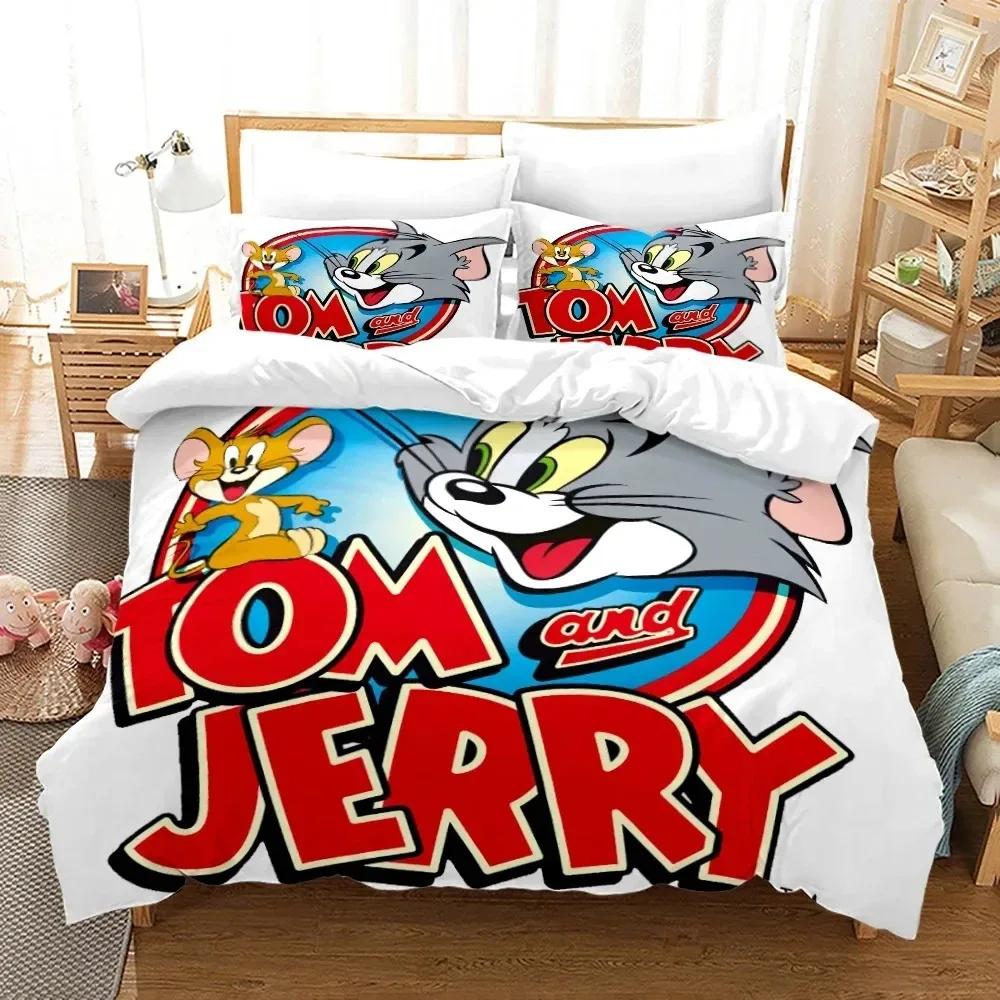 Set Biancheria da Letto Cartone Animato T-Tom Mouse e Gatto J-Jerry Copripiumino Set Letto Coperta Federa Piumone Matrimoniale Queen Size Bambini Adulti