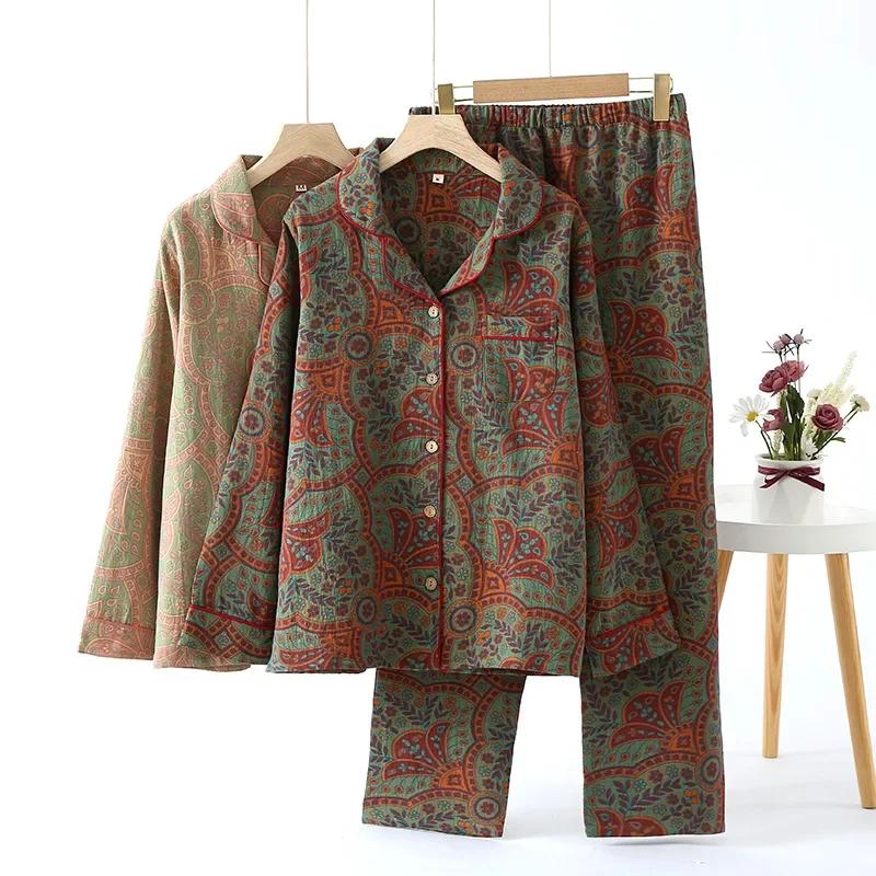 Höst Långärmade Pyjamas med Bomullsgarnfärgad Jacquardmönster i Etnisk Stil för Damer, 2 Delar, Loungekläder