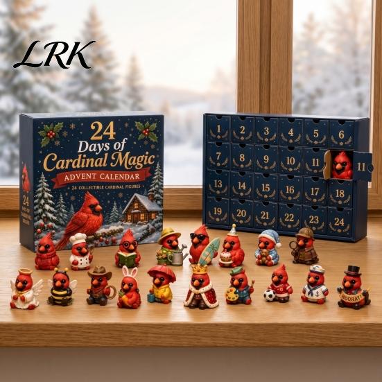 Numbered Hidden Drawer Box Red Bird Christmas Advent Calendar, 24 Unique Miniature Holiday Ornament Set Figurines, Tree Hanging Ornaments for