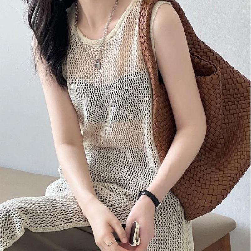 Outward Hollow Top Vest Skirt Women's Summer Slit Sleeveless Dress Mid Length Knitted Top