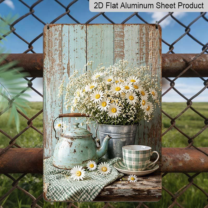 2D Flat Rustic Farmhouse Daisy Teapot Coffee Cup Vintage Metal Sign - 8.0x12.0inch Aluminum Wall Art, Country Kitchen Farmhouse Wall Decor