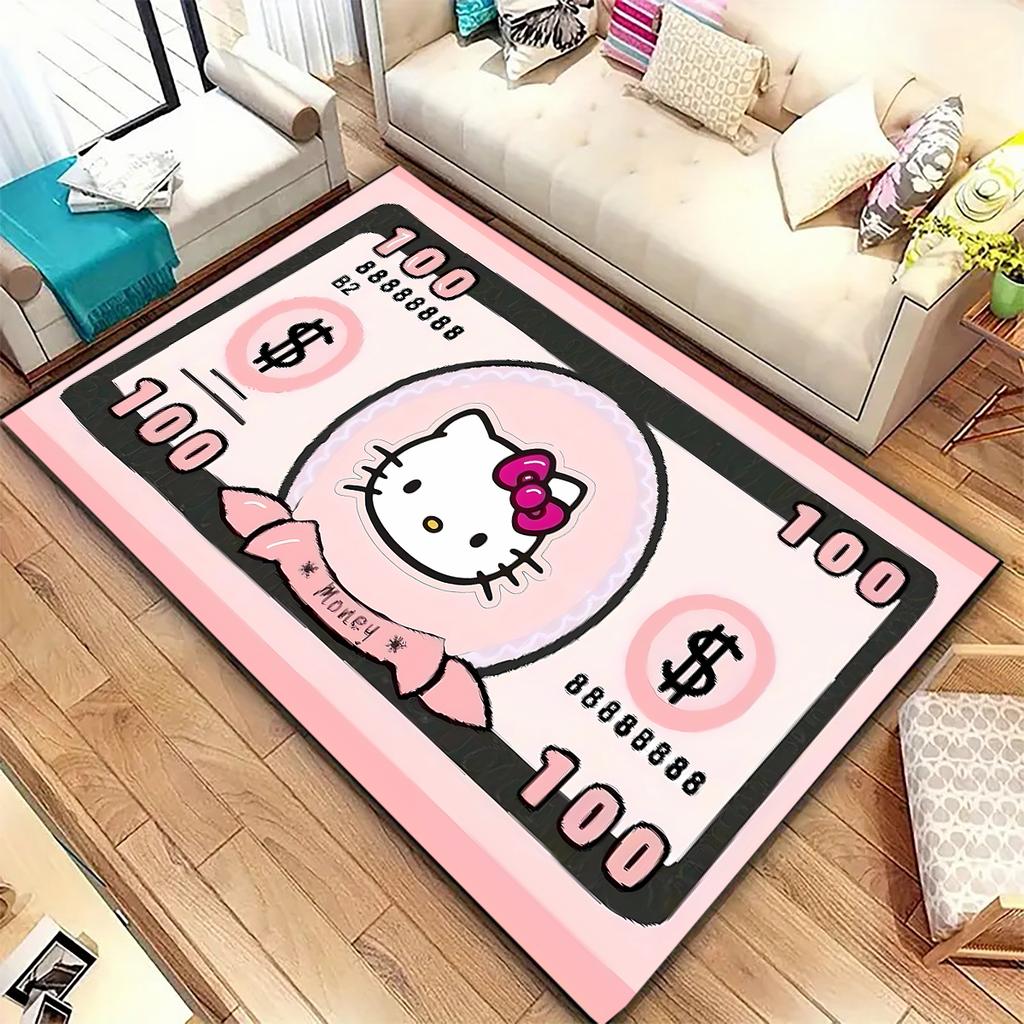 Cute Hello Kitty cartoon print rug, non-slip and stain-resistant, perfect for bedroom and living room home decor.