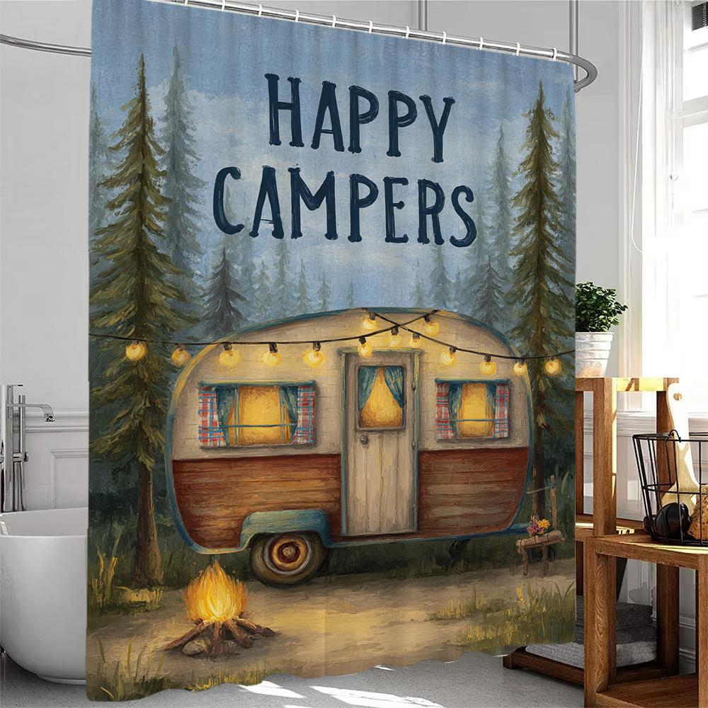 Happy Campers In Cartoon Forest Print Shower Curtain Bathroom Decoration Curtain,Hanging Curtain With Hooks Machine Washable