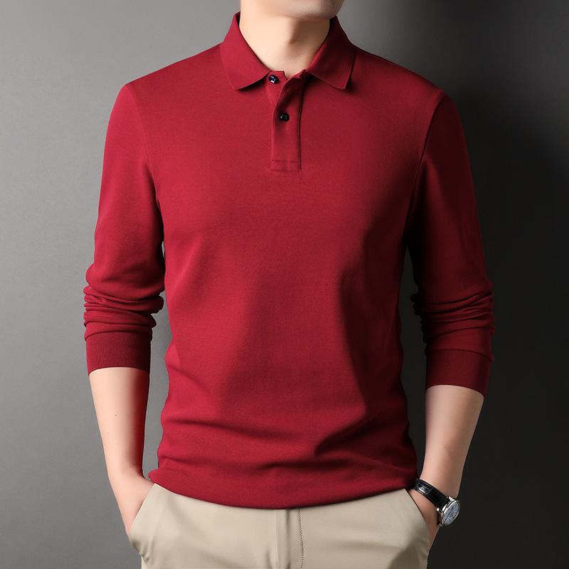 Spring and Autumn New Cotton Long-sleeved T-shirt Middle-aged Men's Lapel Solid Color POLO Shirt Loose T-shirt