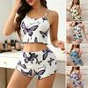 Dam Cami Pyjamas Set 2 Delar Ribbad Ärmlös Crop Top Och Shorts Camisole Pyjamas Set Sommar Söt Fjärilstryck Sovkläder