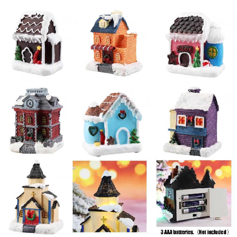 Mini Christmas Village Houses LED Lighted Resin Cottage Figure Christmas Decorations Seasonal Electric Figures For Fireplace