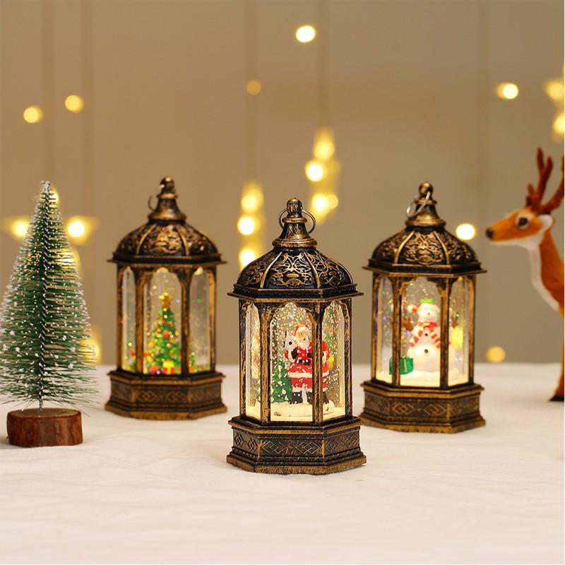 Christmas Decorative Hexagonal Water-Filled Lantern With Santa Snowman Tree Reindeer Design Holiday Tabletop Lighting