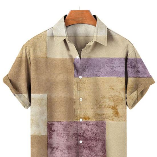 Kurzarm-Revers-Hemd für Herren, geometrischer Druck, Knopfverschluss, schweißabsorbierend, atmungsaktiv, lässig, gestreift, Hawaii-Druck, Streetwear