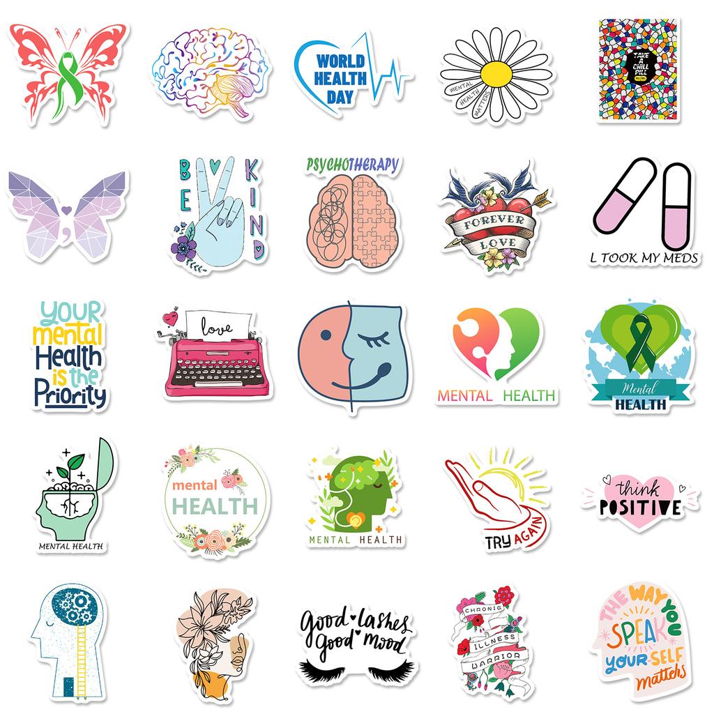 50 Stück psychische Gesundheit Aufkleber neue psychische Gesundheit Bewusstsein Doodle Aufkleber Skateboard Gitarre Aufkleber Großhandel