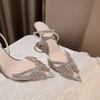 2025 New High Heels Women's Thin Heels Pointed Head Bag Head Transparent Rhinestone Bow Word with Wedding Shoes Single Shoes Autumn