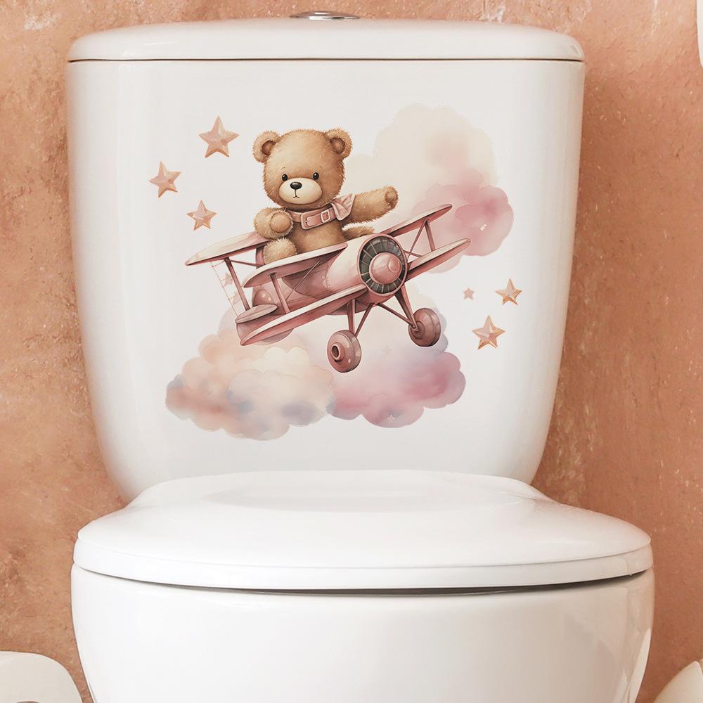 Fun-m120 Cartoon Bear Open Airplane Toilet Stickers Bathroom Bathroom Beautification Wall Stickers Self-adhesive