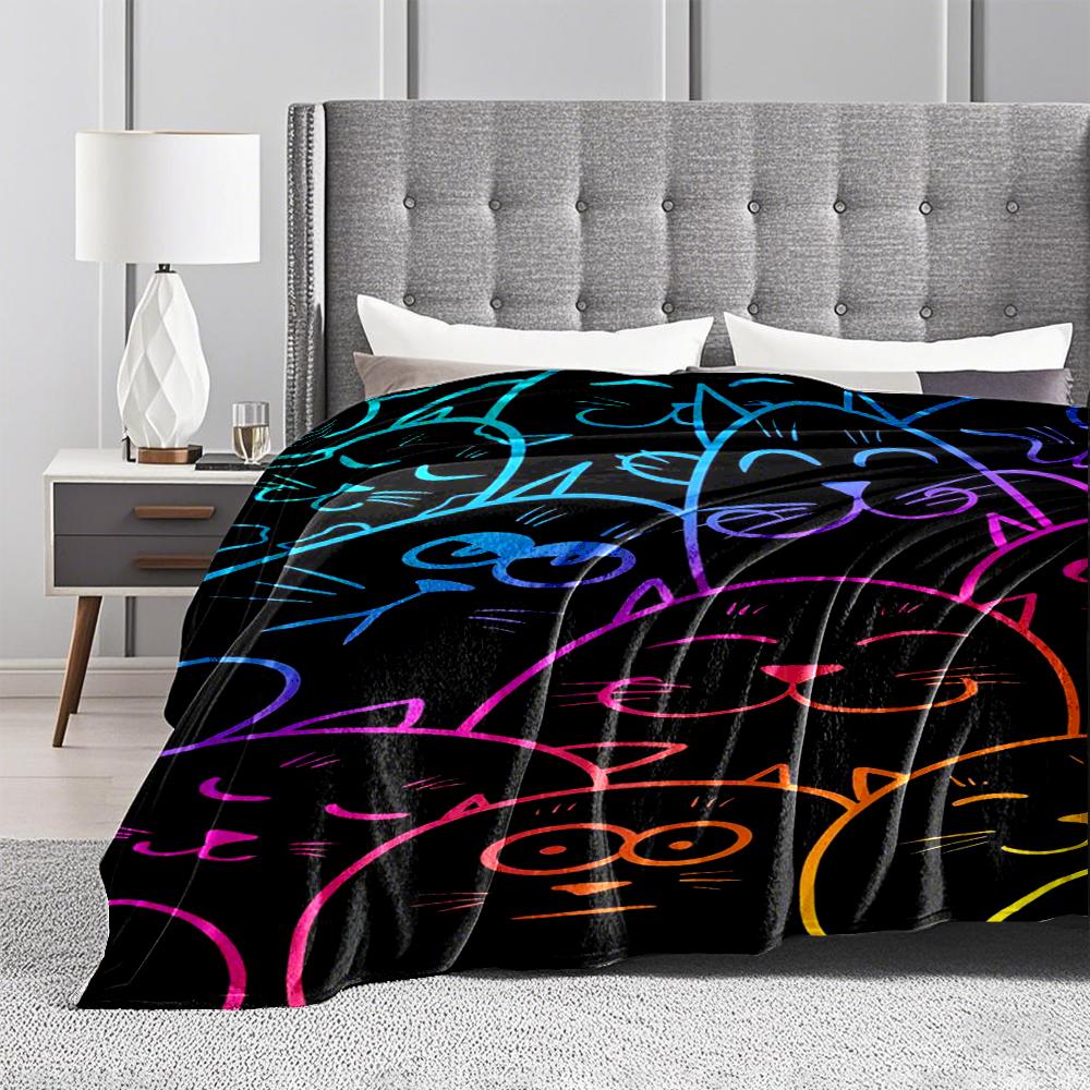 Vibrant Neon Cat Faces Pattern Flannel Blanket for Bedroom, Living Room, Sofa, and Nap