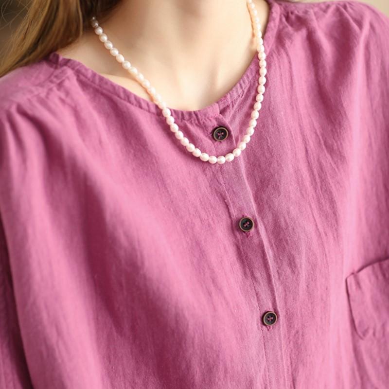Johnature Dames Vintage Shirts Tops Zomer Ronde Hals Korte Mouw Blouses Effen Kleur Knopen Dames Shirts