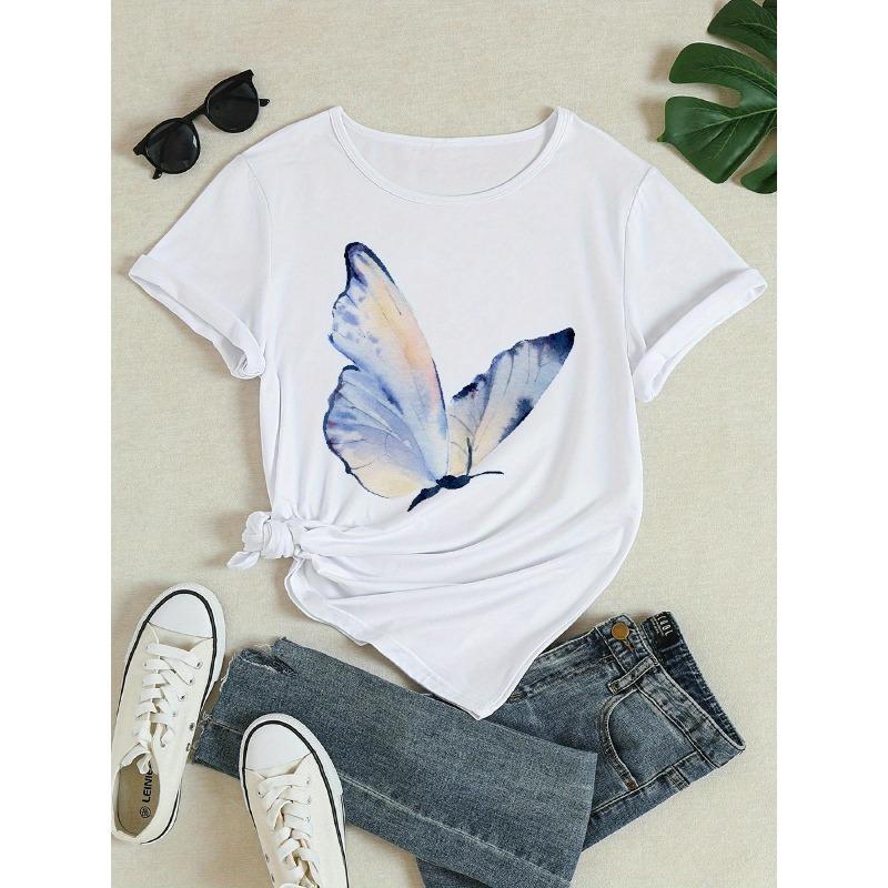 Summer Butterfly Women's  Print T-Shirt - Casual Short Sleeve Top with Pastel Blue & Pink Design Machine Washable for Everyday Spring/Summer Wear