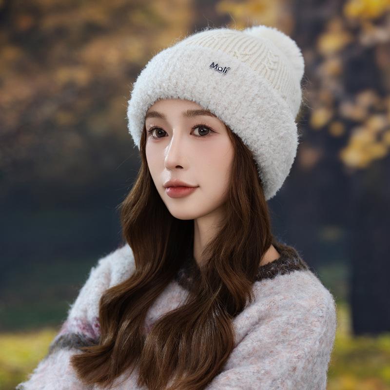 Sweet and Versatile Mali Knitted Wool Hat Autumn and Winter Casual Plus Velvet Thickened Windproof and Warm Hat Cute Wool Ball Hat
