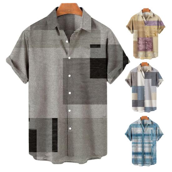 Kurzarm-Revers-Hemd für Herren, geometrischer Druck, Knopfverschluss, schweißabsorbierend, atmungsaktiv, lässig, gestreift, Hawaii-Druck, Streetwear