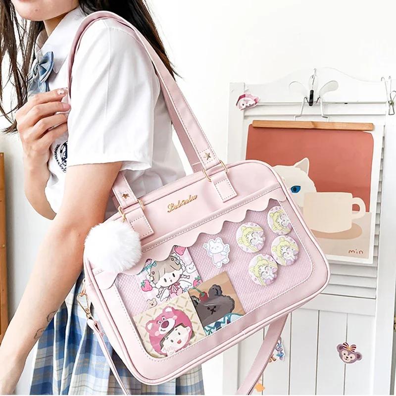 Japanese Kawaii Shoulder Bag for Women PU Leather Transparent Bag Tote Bag Handbags Preppy Bag Crossbody Bag
