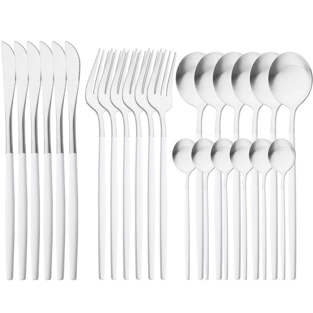 White Gold 24Pcs Cutlery Set Matte Dinnerware Western Flatware Knife Fork Spoons Stainless Steel Silverware Kitchen Tableware Set