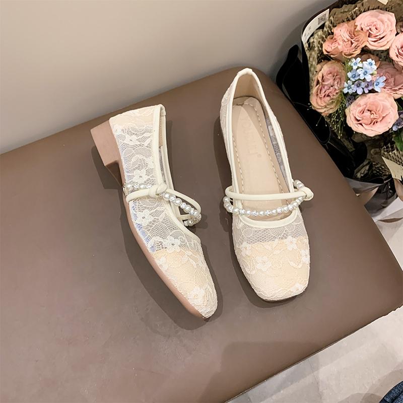 Fashion 2024 Women's Lace Mary Jane Shoes Square Toe Ballet Flats Women's New Fashion Beaded Women's Shoes Spring Autumn