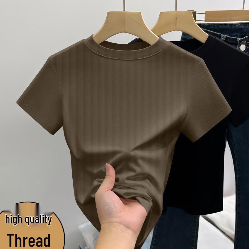 Commuting Korean Style Girls' Solid Color Slim Short Sleeve Ribbed Fashion Top